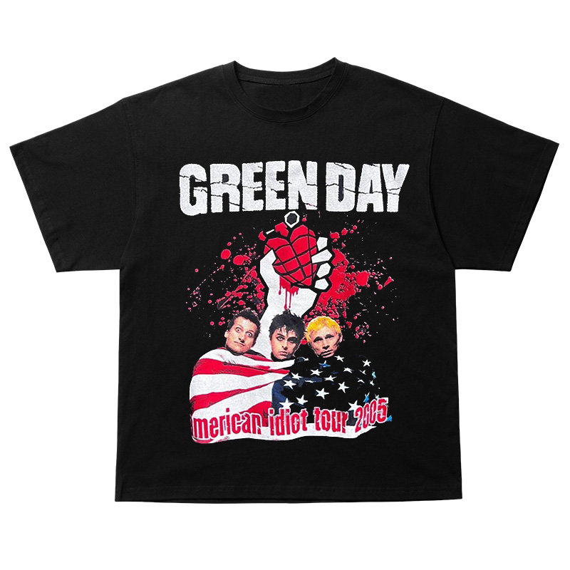 Green Day绿日乐队街头潮牌短袖T恤美式复古hiphop小领口痞帅半袖