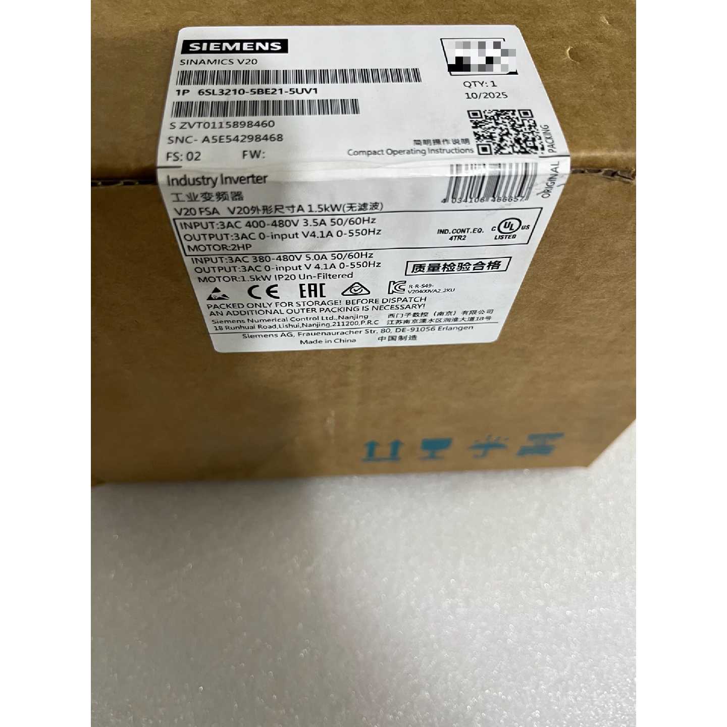 询价-变频器型号6SL32105BE215UV1实物
