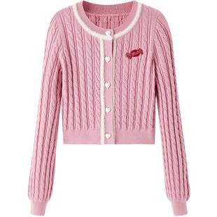 乐町正肩圆领毛针织衫春季粉色绞花甜美内搭老钱风针织开衫