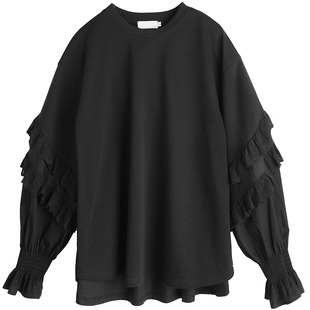 甜美风荷叶边落肩袖卫衣胖莹莹大码女装胖mm春装宽松遮肉白色上衣