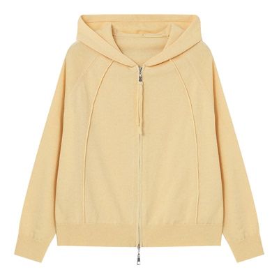 百家好奶黄色连帽针织开衫女春季新款宽松显瘦拉链卫衣式针织外套