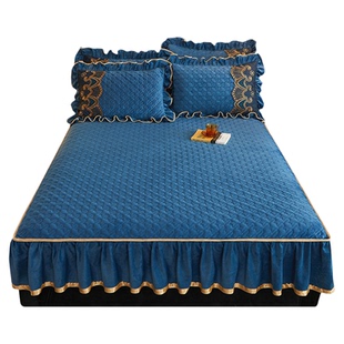 冬天牛奶水晶绒夹棉床笠款单件加厚珊瑚绒保暖带裙边床笠罩三件套