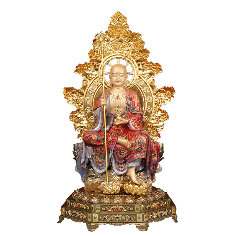 纯铜地藏王菩萨南无地藏佛像精工彩绘贴金九华山坐莲家用供奉摆件