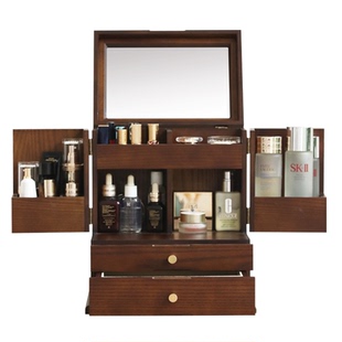 木质化妆品收纳盒首饰一体化妆盒防尘桌面梳妆台护肤品妆奁带镜子