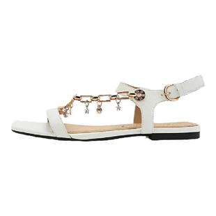 STELLALUNA女鞋21年春夏露趾方头牛皮链条平底罗马女凉鞋SL121010