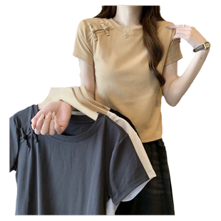 新中式国风盘扣短款短袖T恤女夏装2026新款修身显瘦打底衫上衣潮