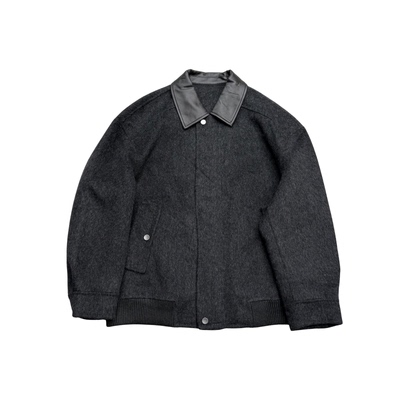 高级感轻奢Pu皮领拼接短款翻领双面羊毛呢大衣男秋冬加厚保暖外套