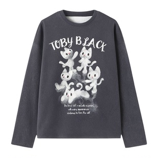 a02秋季2025新款打底衫宽松版通勤风圆领T恤印花纯棉时尚女式上衣