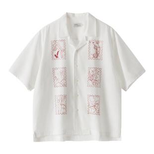 BUTTBILL 无感水浆印花复古短袖衬衫男情侣古巴领衬衣外套上衣服