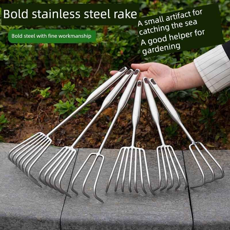 不锈钢小耙子松土神器赶海园艺工具钉耙农具扒草种菜钯子多功能耙