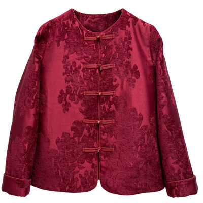 新中式国风红色植绒提花盘扣上衣