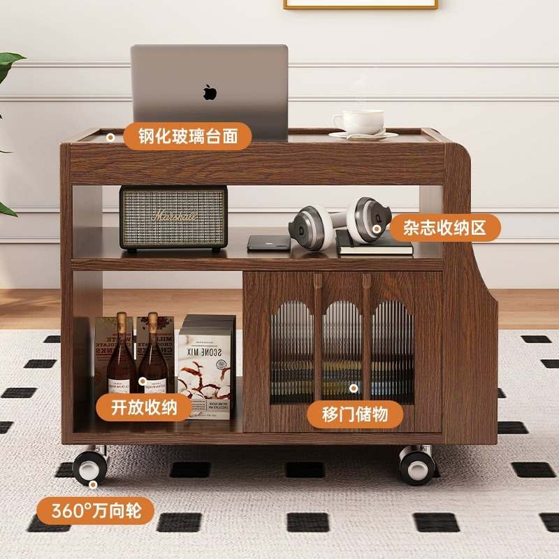 沙发边几柜可移动网桌床头茶几家用客厅边卧室中古储物柜小推车红