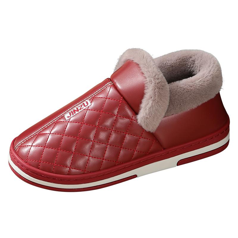棉拖鞋女男士冬天室内居家用包跟防滑厚底防水皮面情侣带后跟棉鞋
