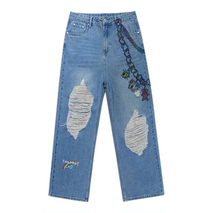 GUUKA高街直筒裤吊链印花阔腿裤宽松 潮牌美式磨破牛仔裤男款春季