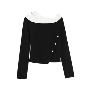 【商场同款】X--MOOM秋季新款设计感撞色拼接一字肩露肩针织上衣