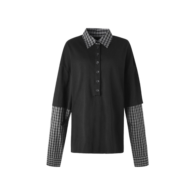ourhour 假两件拼接 黑色格纹polo领衬衫长袖T恤 女冬设计感上衣