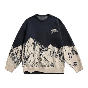 TIRED美式潮牌复古雪山提花圆领毛衣男女秋冬情侣针织衫套头上衣