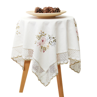 田园绣花白色茶几桌布现代简约长方形桌布棉麻布艺餐桌布正方台布