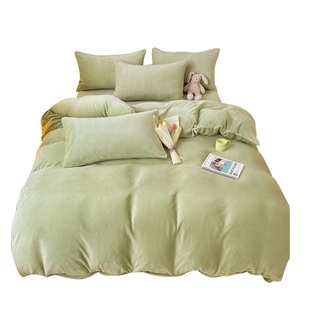 秋冬绿色加厚双面牛奶珊瑚绒被套单件纯色床单被罩被单简约四件套