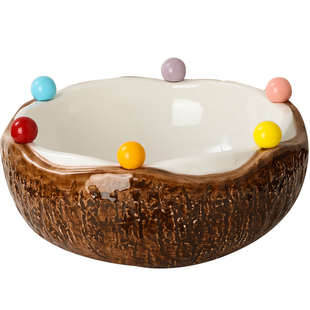 椰子果叉盘椰壳设计客厅甜品零食陶瓷水果盘带不锈钢叉子乔迁送礼