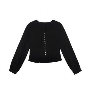 LLANO V领碎褶收腰衬衫复古浪漫泡泡袖温婉优雅上衣衬衣女秋冬季