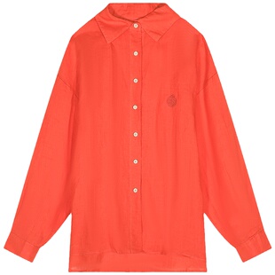 今屿花花 橘色刺绣棉麻长袖衬衫女夏季开衫外套亚麻上衣薄款衬衣