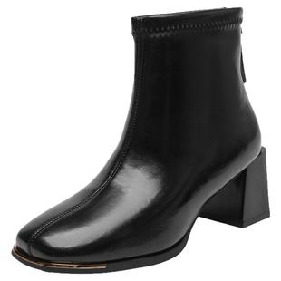 大东官方黑色短靴女款2025新款冬季高跟靴子方头切尔西靴粗跟女靴