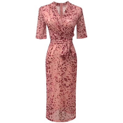 夏季粉色碎花修身连衣裙