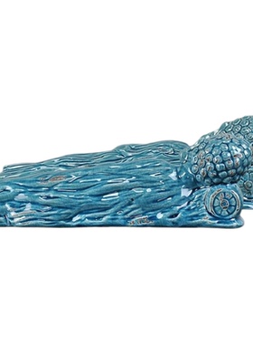 中古侘寂风陶瓷蓝树根卧佛摆件