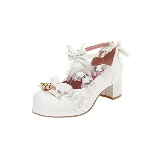 春之初百搭日秋蝴蝶结少女高跟lo学生洛丽塔洋装花嫁jk制服鞋白色