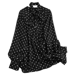 波点宽松显瘦飘带长袖雪纺衬衫可配一整套半身裙女两件套装K604