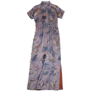 菲伊唐真丝红云纱女连衣裙女短袖紧身复古风修身中式立领长旗袍裙