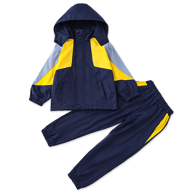 黄色相拼小学生天安门冲锋衣校服班服三件套幼儿园园服秋冬款内胆