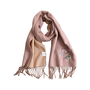 丹麦“惬意日子”100%美丽奴羊毛围巾双面双色小狗刺绣加厚保暖冬