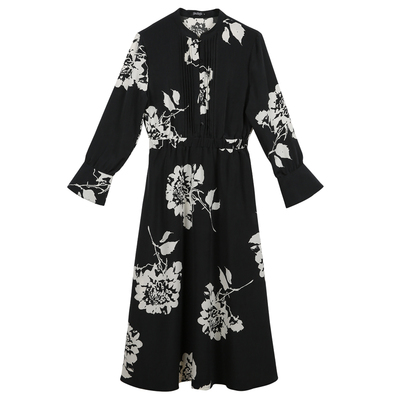 立领长袖雪纺衬衫百褶松紧连衣裙