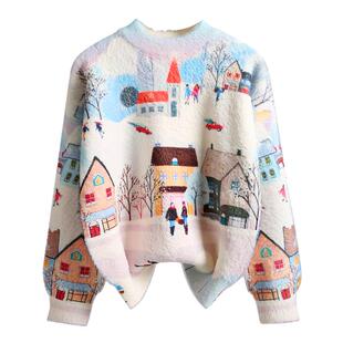 雪景圣诞新年服女童毛衣水貂绒2025秋冬新款女大童加绒针织衫男童