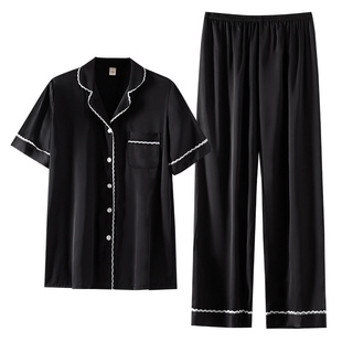 情侣睡衣冰丝夏季薄款短袖长裤女高级感黑色仿真丝绸男大码家居服