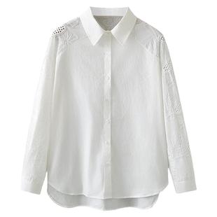 加大码秋装蕾丝镂空衬衣宽松洋气中年妈妈刺绣女士纯棉长袖白衬衫