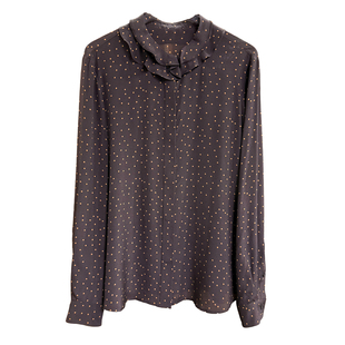 炸街推荐！P牌料！真丝双绉波点荷叶领长袖衬衫上衣女  840082~JS