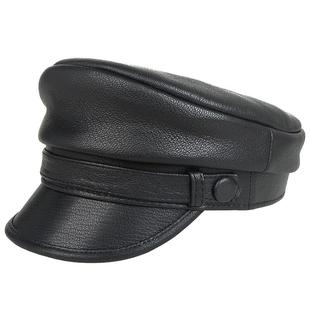 真皮机车帽德式羊皮水手船长帽男士春秋冬时尚短檐平顶皮帽子