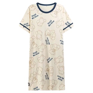 带胸垫一体系中长款睡裙女士夏季短袖纯棉孕服卡通可爱薄款家居服