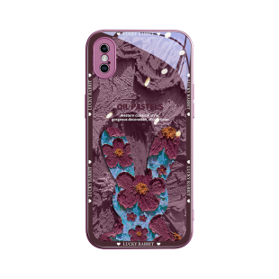油画兔子适用苹果x手机壳iphonex新款xr防摔xs粉色玻璃xsmax女xsxmax全包ipone十xmax高级ip卡通10潮暗紫色的