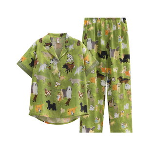 芬腾2026新款卡通动物印花睡衣女夏短袖长裤翻领家居服套装可外穿
