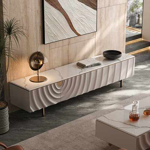 涟漪系列轻奢风高款大理石电视柜茶几套装客厅家用烤漆高级白地柜