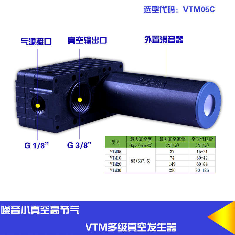 VTM 20 30 50省气节能静音大流量多级真空发生器气动大吸力产生器