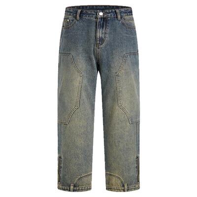 404MOB美式复古做旧黄泥水洗牛仔裤男宽松拼接长裤多口袋无弹