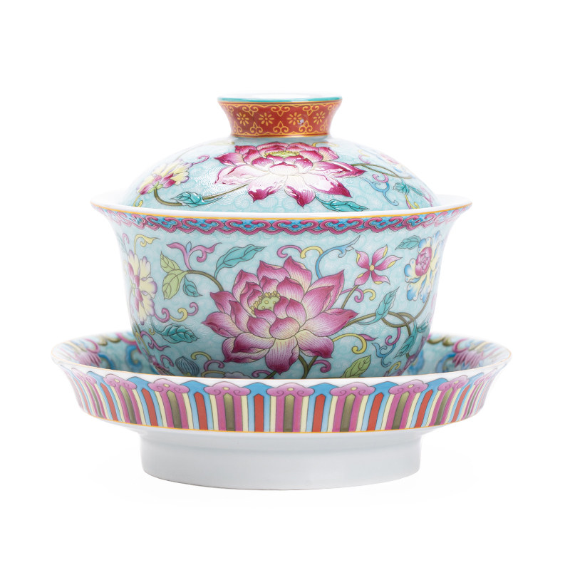 仿古珐琅彩莲华生香妙心盖碗中式家用陶瓷三才茶碗功夫茶具敬茶碗