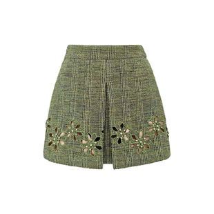 BeQueenStory25秋冬新款绿钢花呢复古千金风镂空雕花压褶半身裙裤