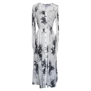 juju定制秋装新款印花连衣裙长袖法式复古修身显瘦水墨中长裙女