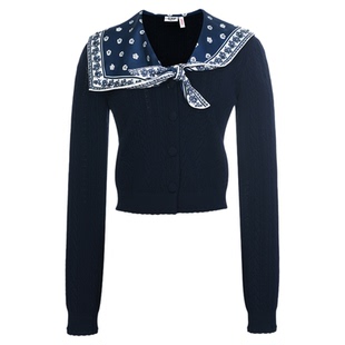 lefame拉飞姆2026春季新款时尚珠饰印花丝巾披肩针织开衫上衣女